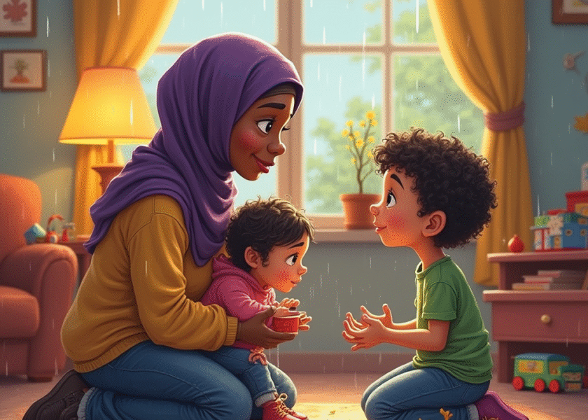 ام تجلس على الارض تتكلم مع اطفالها . 20 نصيحة ذهبية للآباء لتحضير الأطفال لدخول الروضة