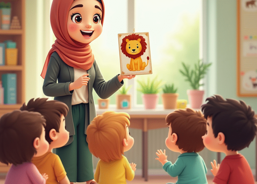 معلمة تمسك ببطاقات تعليمية مكتوب عليها كلمة 'قطة' وأحرف عربية - أفضل الطرق لتعليم الأطفال اللغة العربية في مرحلة ما قبل المدرسة