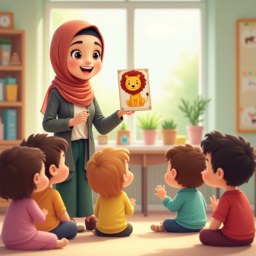 معلمة تمسك ببطاقات تعليمية مكتوب عليها كلمة 'قطة' وأحرف عربية - أفضل الطرق لتعليم الأطفال اللغة العربية في مرحلة ما قبل المدرسة