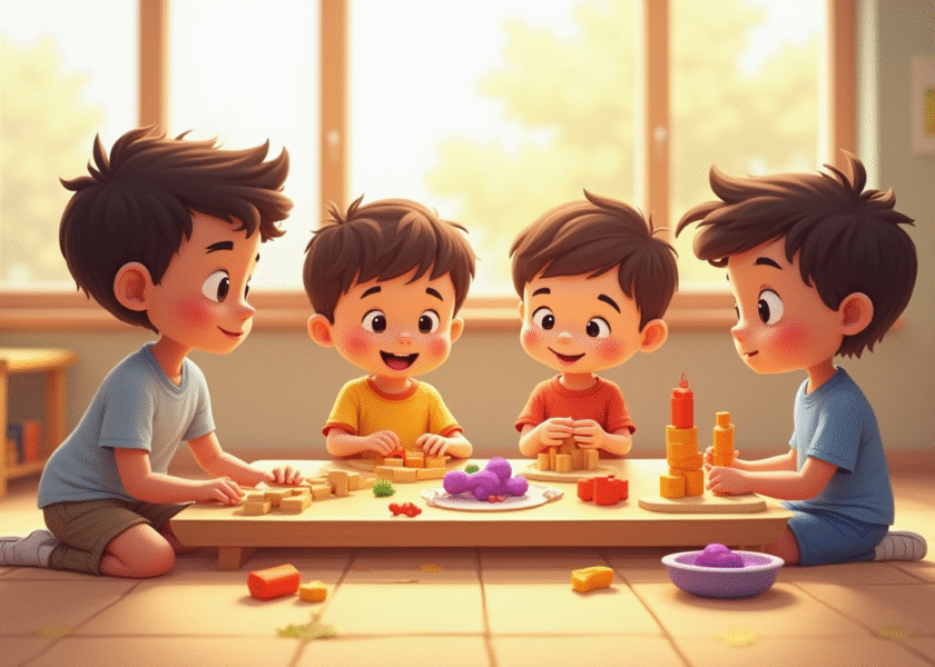 اطفال صغار يجلسون مع اخ اكبر يعلمهم تركيب الاشياء ويستمتعون من ة داخل البيتفلومستركيدز مدرس