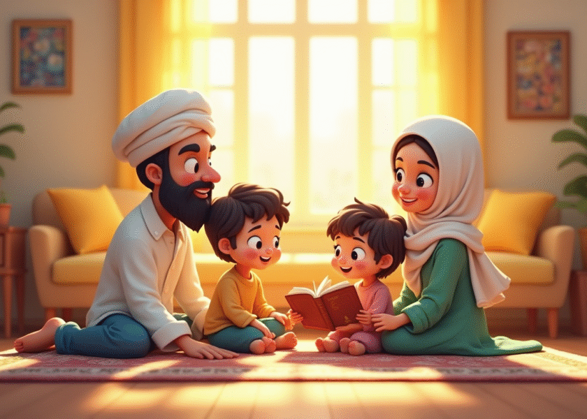 ثلاثة أشخاص يجلسون على الأرض مع كتاب مفتوح أمامهم، مما يعكس جلسة تعليمية أو قراءة جماعية، حيث يرتدي الشخص على اليسار حجابًا أزرق، والشخص في الوسط يبدو طفلاً، والشخص على اليمين لديه لحية - كيف يمكن للأهل المساهمة في تعليم الأطفال اللغة العربية والقرآن في المنزل كيف يمكن للأهل المساهمة في مرحلة ماقبل المدرسة لتعليم الأطفال اللغة العربية والقرآن
