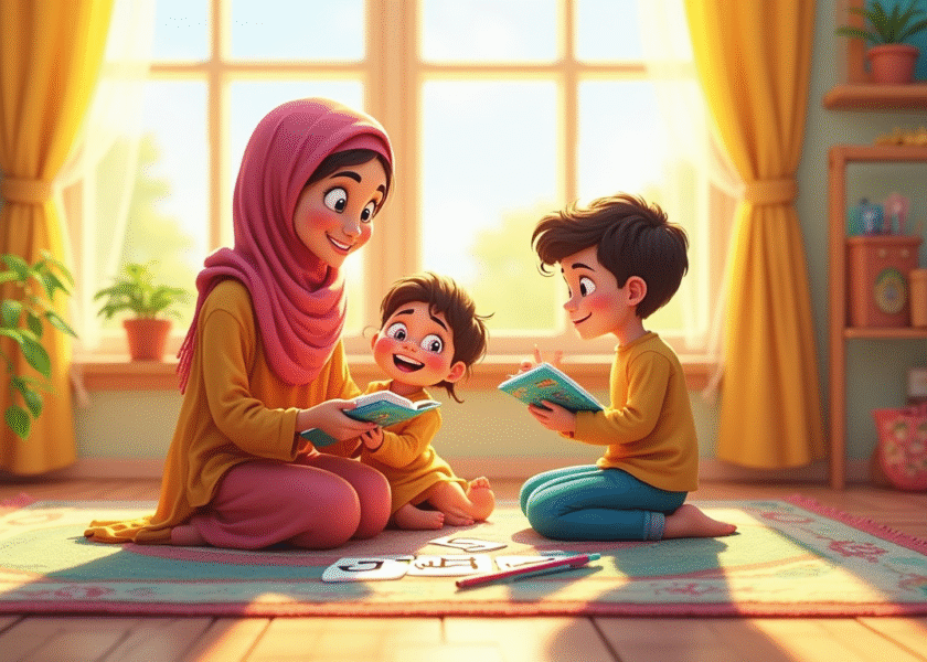 ام تجلس بين اطفالها على الأرض وتكتب في دفتر ملاحظات بجانب كتب، مما يوحي ببيئة تعلم غير رسمية