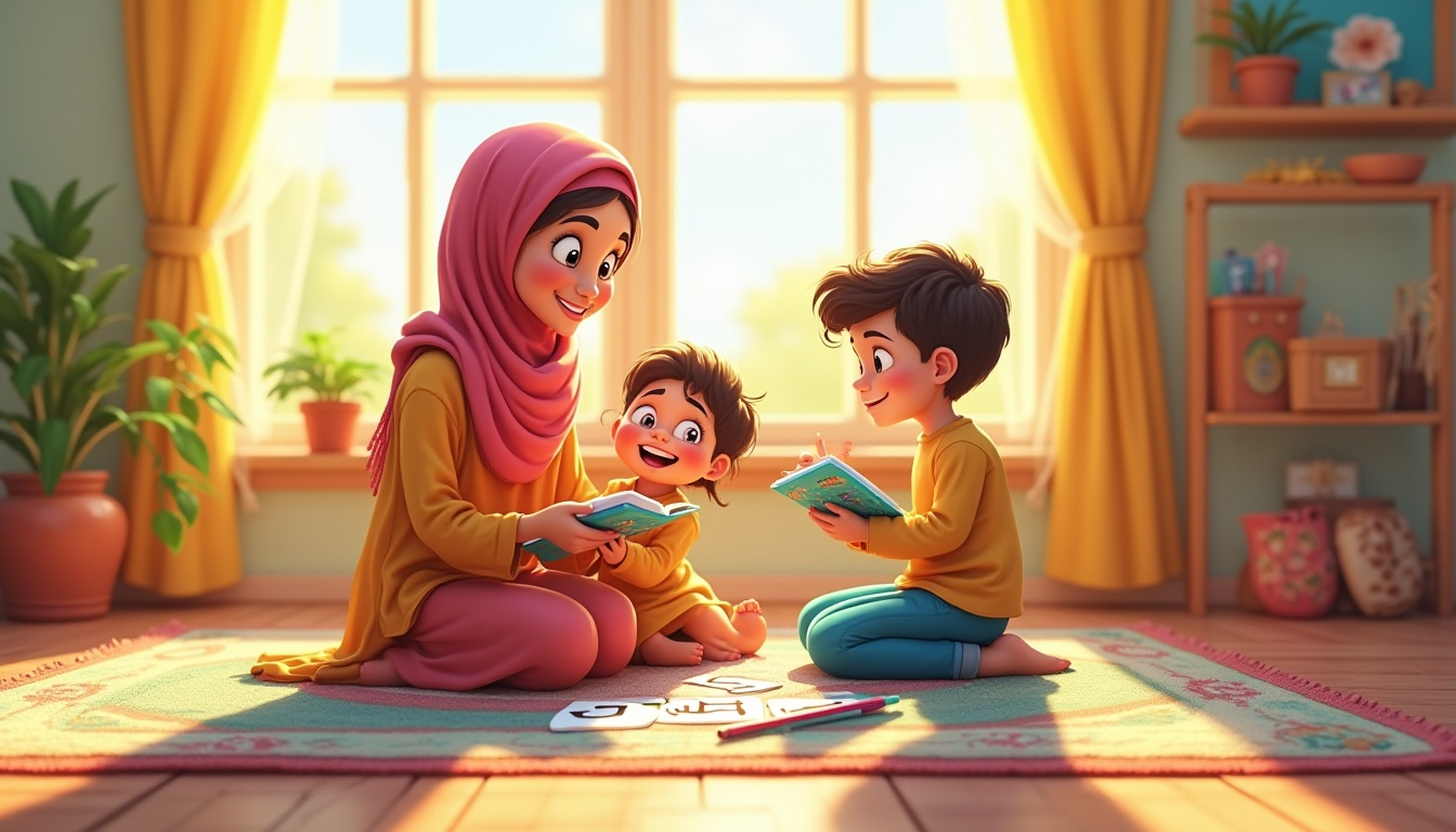 ام تجلس بين اطفالها على الأرض وتكتب في دفتر ملاحظات بجانب كتب، مما يوحي ببيئة تعلم غير رسمية