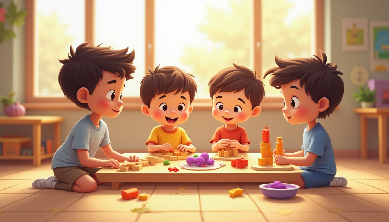 اطفال يجلسون على طاولة صغيرة يلعب بالطين الملون مع العديد من الأدوات البلاستيكية في غرفة مرتبة ومضاءة بشكل جيد - أفضل الأنشطة الترفيهية لتطوير الإبداع عند الأطفال في مرحلة ما قبل المدرسة