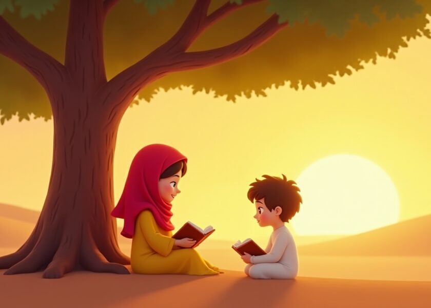 ثلاث فتيات صغيرات محجبات يقرأن القرآن الكريم معًا في جو من السعادة والتركيز في المسجد، مما يعكس أهمية تعليم القرآن للأطفال في مرحلة ما قبل المدرسة - أفكار مبتكرة لتدريس القرآن للأطفال في مرحلة ماقبل المدرسة