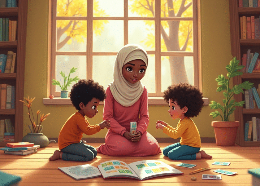 ام مع اطفالها تعلمهم الحروف العربية من منصة فلومستركيدز