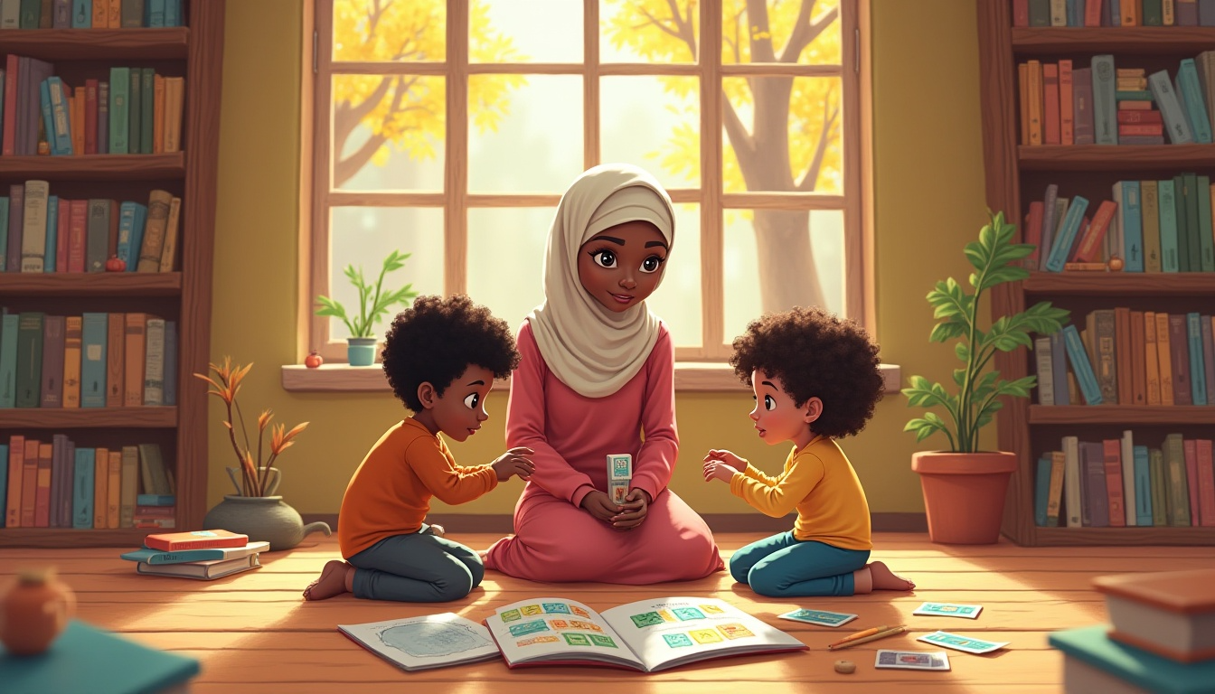 ام مع اطفالها تعلمهم الحروف العربية من منصة فلومستركيدز