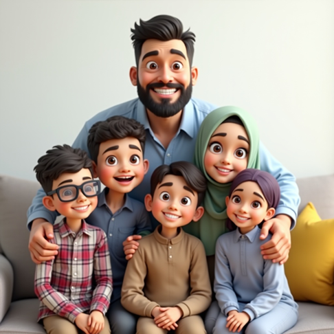 صورة عائلية مسلمة مع أطفال مراهقين عرب في ديكور منزل حديث ويظهر في الصورة خمسة افراد للعائله المكونة من اب و ام و ثلاثة أطفال