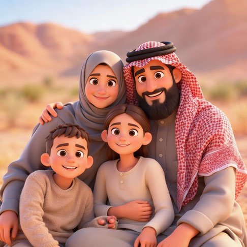 صورة عائلية مسلمة مع أطفال مراهقين عرب في ديكور منزل حديث ويظهر في الصورة خمسة افراد للعائله المكونة من اب و ام و ثلاثة أطفال لعبة عائلتي التفاعلية للاطفال من منصة فلومستر كيدز